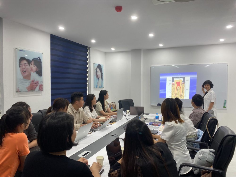 Đội ngũ chăm sóc viên đang chú ý lắng nghe Dr Thái Nguyễn Smile giải đáp các vấn đề liên quan đến bệnh lý răng miệng